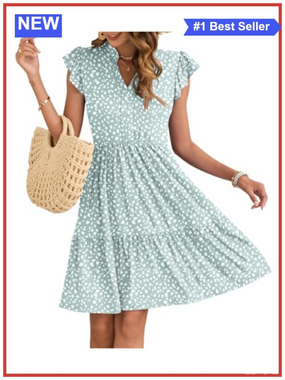 Women's Summer Ruffled Sleeve V Neck Dress with Pockets Mini Fit Flare